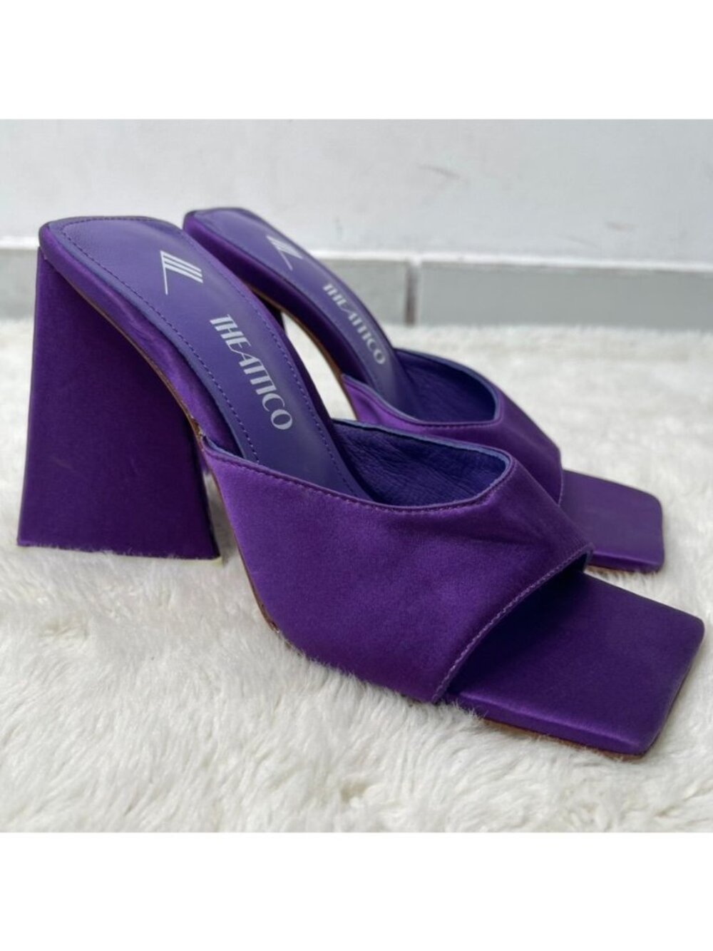 THE ATTICO Purple Satin DEVON 115mm Mules Sandals Square Toe Size 36 EU / 6 US